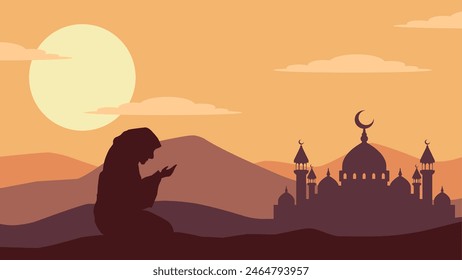 Landscape illustration of muslim praying with mosque silhouette
