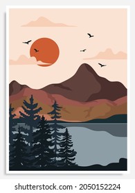 landscape illustration , nature landscape background.wall art vector. Foliage line art drawing with abstract shape.Plant Art design for print, cover, wallpaper, Minimal and natural wall. 