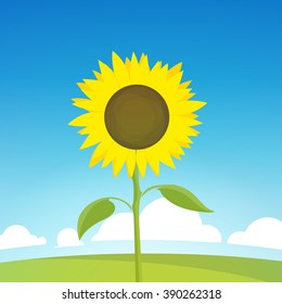 Landscape Illustration of Nature Farm. Vector Backdrop with Field and Sunflower, Symbol of Harvest