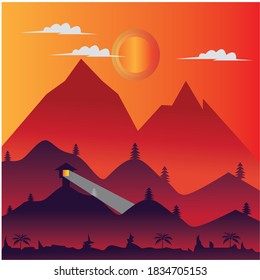 landscape illustration of night mountains and flashlight with colorful vector design background