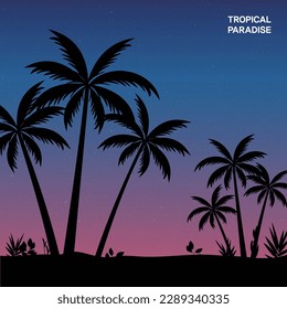 Landscape and illustration of palm trees on the beach at sunset with gradient