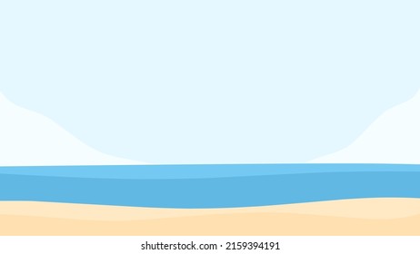 landscape illustration peaceful beach background with blue sea and clear sky, coconut trees, and lighthouse suitable for summer design, vacation, decoration, and more