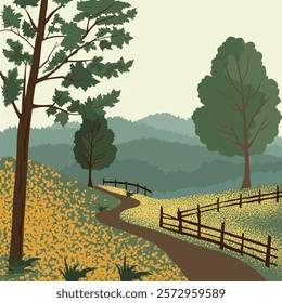 Landscape illustration with picturesque rural path leading through a field covered with bright yellow flowers, trees with dense foliage, wooden fence along the path, hills covered with forest,