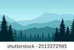 Landscape illustration of pine forest silhouette and mountain range
