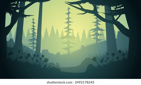 Landscape illustration of pine forest silhouette with wildflower