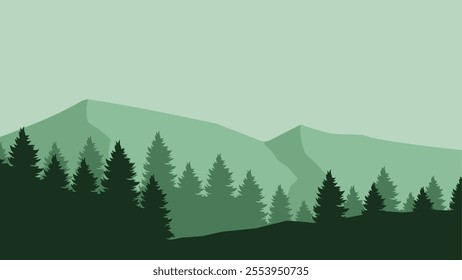 Landscape illustration of pine forest silhouette and mountain range
