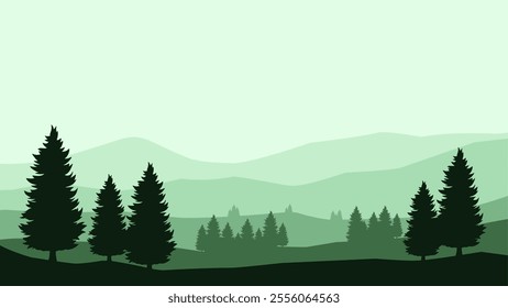 Landscape illustration of pine forest silhouette and mountain range