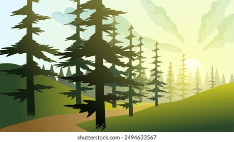 Landscape illustration of pine forest in summer sunrise