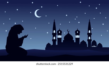 Landscape illustration of praying muslim with mosque silhouette