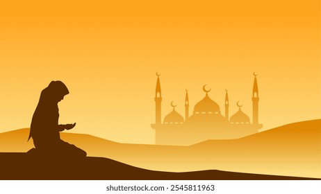 Landscape illustration of praying muslim with mosque