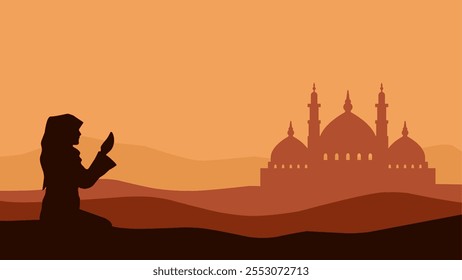 Landscape illustration of praying muslim with mosque
