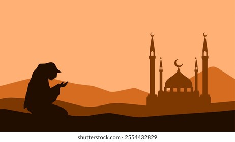 Landscape illustration of praying muslim with mosque