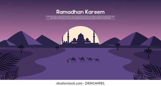 Landscape illustration of Ramadan kareem with desert and mosque silhouette