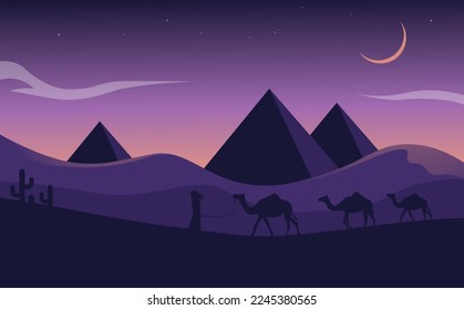 Landscape illustration of Ramadan kareem with silhouette of pyramid, camel and cactus in desert