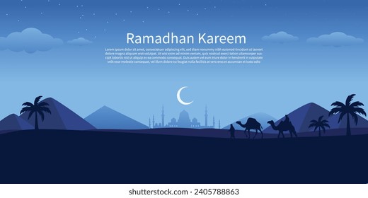 Landscape illustration of Ramadan kareem with silhouette of mosque,Crescent moon and traveler carrying camel in desert