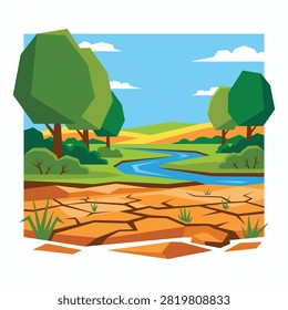 Landscape illustration of river flowing through green field and dry cracked earth