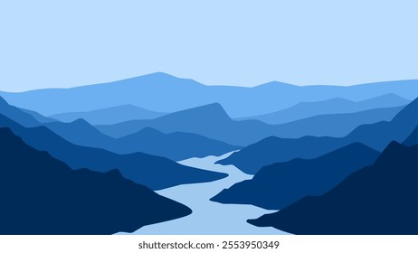 Landscape illustration of a river and mountain range