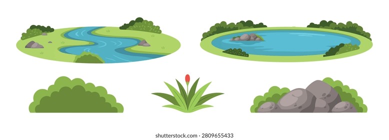 Landscape Illustration With River Pond Bushes And Grasses terrain