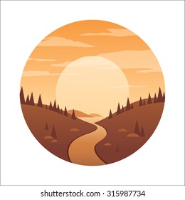 Landscape illustration with river and sun.