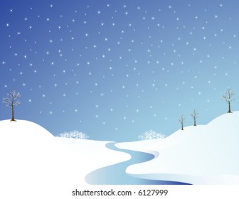 Landscape illustration of a river in wintertime