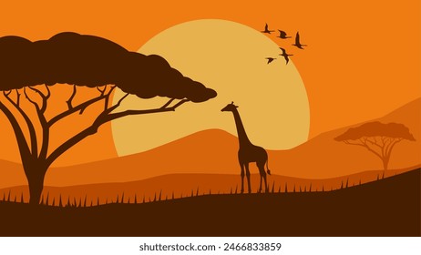 Landscape illustration of savanna field with giraffe and african tree