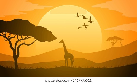 Landscape illustration of savanna field with giraffe and african tree