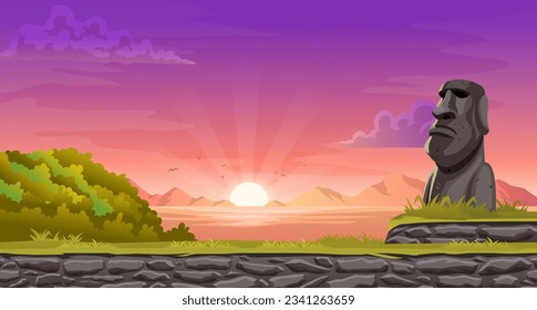 Landscape Illustration Scene of Moai In Easter Island at sunset