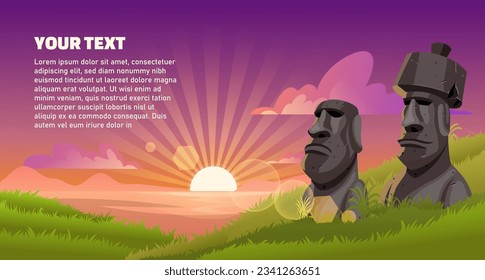 Landschaftsbild Illustration Szene von Moai Statuen auf Osterinsel bei Sunset