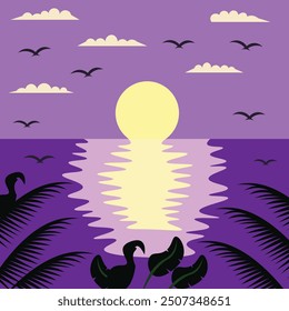 Landscape illustration of the sea in the night with the moon shines very bright suitable for template or background