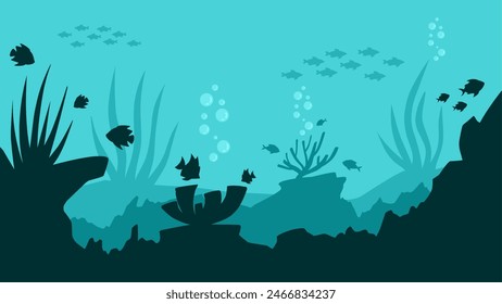 Ilustración del paisaje de los fondos marinos con arrecifes de coral y peces