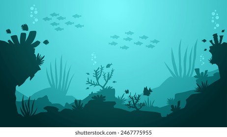 Ilustración del paisaje de los fondos marinos con arrecifes de coral y peces