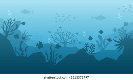 Landscape illustration of seabed with coral reefs and fishes