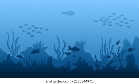 Landscape illustration of seabed with coral reefs and fishes