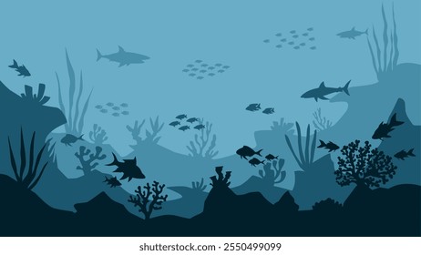 Ilustração de paisagem do fundo do mar com recifes de corais e peixes