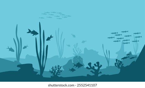 Ilustração de paisagem do fundo do mar com recifes de corais e peixes