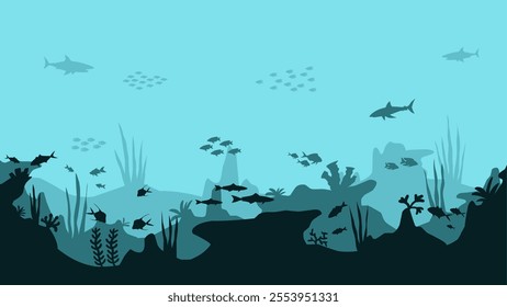 Landscape illustration of seabed with coral reefs and fishes