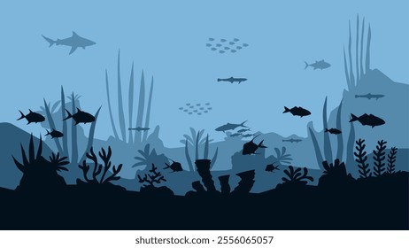 Landscape illustration of seabed with coral reefs and fishes