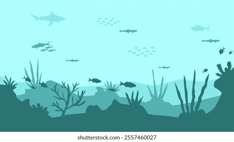 Landscape illustration of seabed with coral reefs and fishes