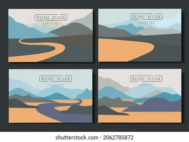 conjunto de ilustraciones paisajísticas, diseño de afiches de estilo plano montañés, fondo de aventura de senderismo. Ilustración del vector