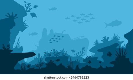 Landscape illustration of shipwreck in the deep sea with coral reefs