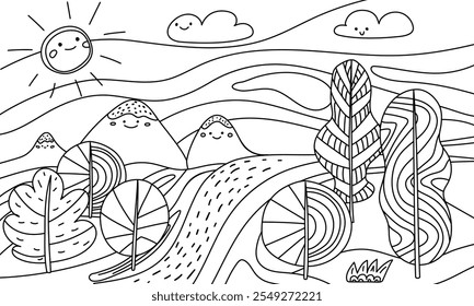 Landscape illustration with smiling sun, clouds and mountain. Hills, trees, fields and sky ideal for coloring pages, educational activities for kids, printable worksheets for kids