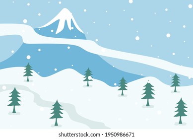 A landscape illustration of snow scene at the hill and with mountain behind