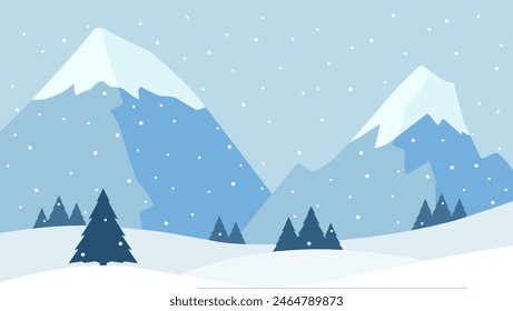 Ilustración de paisaje de montaña nevada en invierno con nevada