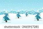 Landscape illustration of snowy pine forest in winter with snowfall