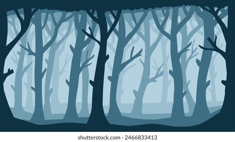 Landscape illustration of spooky forest in the mist