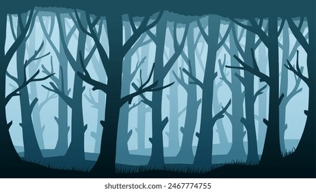 Landscape illustration of spooky forest in the mist