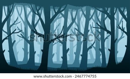 Landscape illustration of spooky forest in the mist