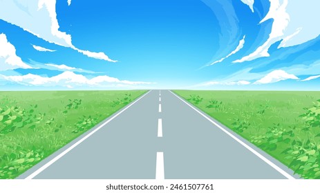 Landscape illustration of a straight road passing through a grassland_16:9