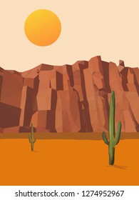 landscape illustration - sun, mountains and desert with cactuses - colored  drawing