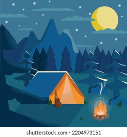 Landscape illustration of sunny day in flat style with tent, campfire, mountains, forest and water. Travel design, camping.
